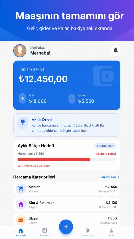 Bütçe Takibi gelir, gider ve kalan bütçe ekranı